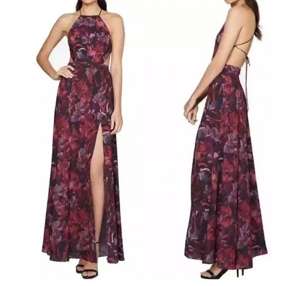 Fame and Partners Floral Halter Maxi Dress Size 2 Open Back Cut Out Burgundy Red